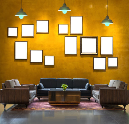Lobby area of a hotel over the Vintage wall background with photo frame and light, Interior galleryのeditorial素材