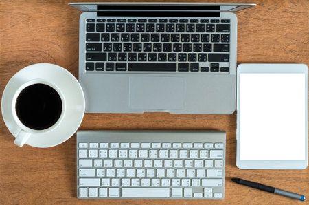 Top view office mockup, technology equipment mockup, flat lay