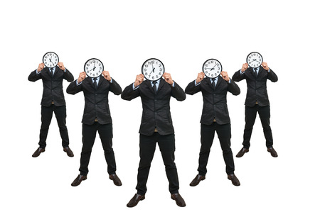 set of 5 picture of Asian businessman holding the clock to close his face on white background, include clipping pathの写真素材