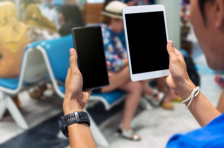 Hand touch on the screen of mobile phone, Shopping Online With smart mobile, technology and internet...