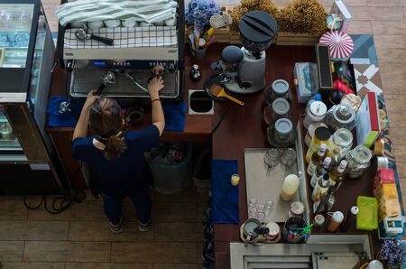 Top view of barista make the coffee in shopのeditorial素材