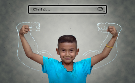 Asian strong boy with browsing of Internet searching bar with "Child" above the head on the wall background, Health conceptの写真素材