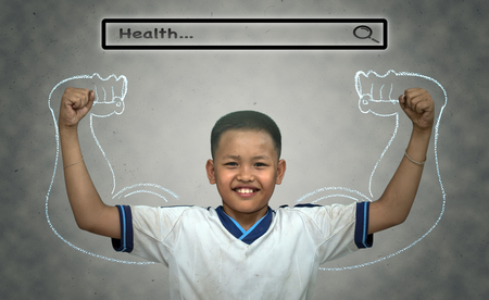 Asian strong boy with browsing of Internet searching bar with "Health" above the head on the wall background, Health conceptの写真素材