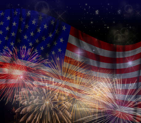 Multicolor Fireworks Celebratate over the United state of America USA flag background, Independence day conceptの写真素材