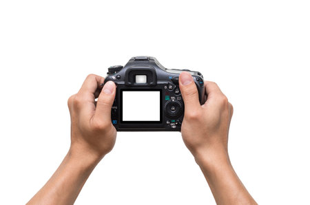 Hands holding the camera on white backgroud,include clipping path