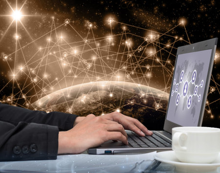 Businessman using the laptop on workspace for manage network connection or social media on earth...