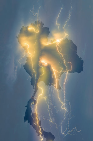 Thailand map base on thunder lightnings and storm on the sky with cloud background, abstract flag...