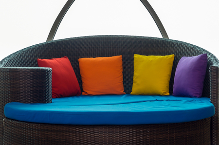 Closeup sofa with pillows of office or hotel building, Interior design conceptの写真素材