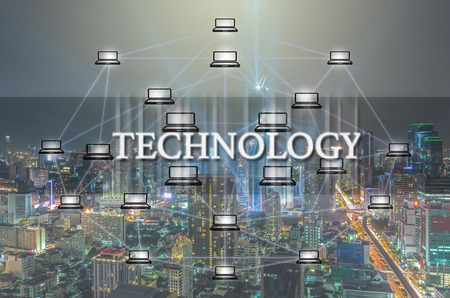 Technology Text and Distributed computer network over the top view cityscape background, Distributed...