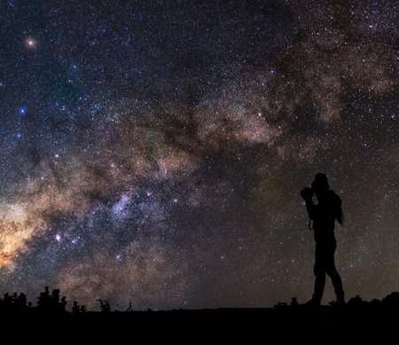 silhouette of a photographer who standing and taking photo the milky way background, travel and...