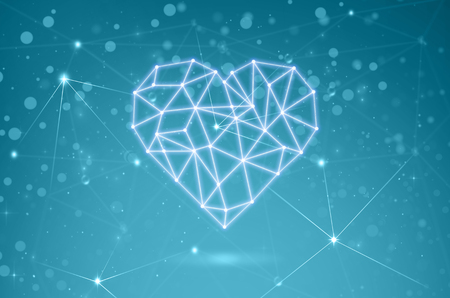 polygonal heart shape writing by lines and dots with shadow over blurred bokeh with Technology connection shape background, physician technology and network connections conceptの写真素材