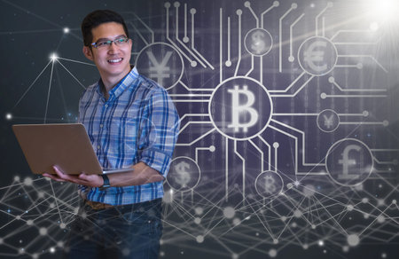 Businessman with casual suit hand holding the laptop on the Abstract photo of FINTECH connection...
