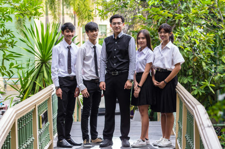 Portrait of Asian teacher and College Students in park, University education conceptの写真素材