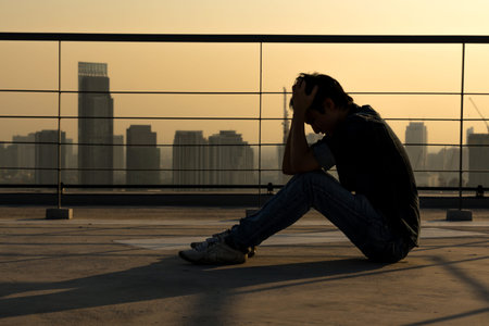 depressed man sitting head in hands on the rooftop of the building on the bangkok cityscape at the sunset time look like silhouette, dramatic conceptの写真素材