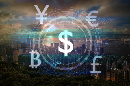 the financial technology or FinTech over the innovation technology virtual screen background with Aerial View of Hong Kong Cityscape on the sunrise time, business Fin tech network conceptの写真素材