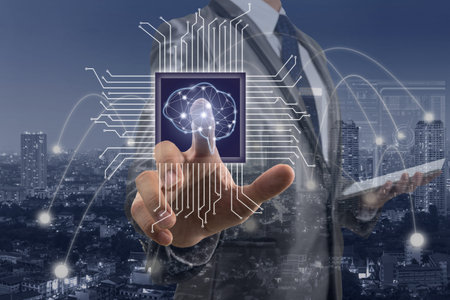 Double exposure of Businessman pointing the Artificial intelligence of brain with computer technology over the Network connection between building cityscape background,AI and machine learning conceptの写真素材