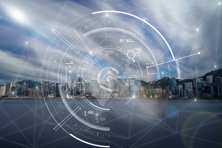 Communication network with digital virtual screen of Hong Kong Cityscape river side in the afternoon with smooth cloud at Victoria harbour, Technology Smart City with Internet of Things conceptの写真素材