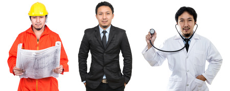Portrait of three occupation with the same model, southeast asian businessman, engineering and doctor on white background, include clipping pathの写真素材