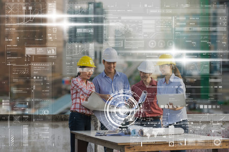 Happy professional construction engineers working with Colleagues Teamwork and equipment blueprint...