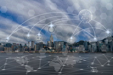 Communication network with multichannel omni channel of Hong Kong Cityscape river side in the...
