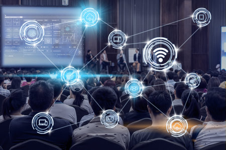 Wireless communication connecting of smart city Internet of Things Technology over Abstract blurred...
