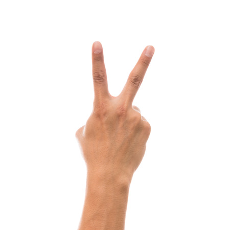 Men hand showing the multi action over white backgroundの写真素材