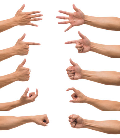 Sum 10 picture of Men hand with show various action over white background, include clipping pathの写真素材