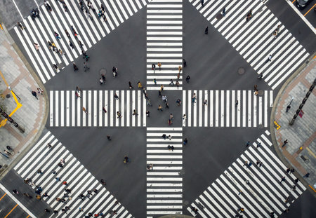 TOKYO, JAPAN - OCTOBER 2017 : Top view of Undefined Japanese people crowd are walking to crosses the...