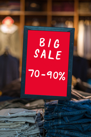 Big sale 70-90 off mock up advertise display frame setting over the bucket jeans in the shopping department store for shopping, business fashion and advertisement conceptの写真素材