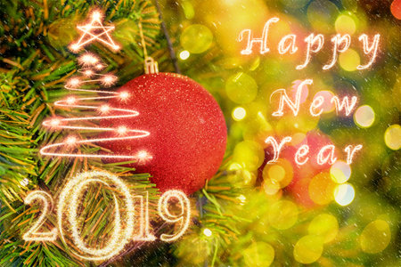 Happy new year 2019 and christmas tree written with Sparkle firework over Xmas Trees background with...