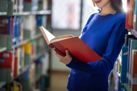 Closeup Asian young Student in casual suit standing and hand holding the book and reading at book...