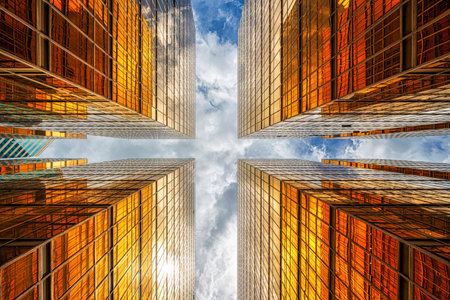 Uprisen angle of Hong Kong skyscraper with reflection of clouds among high building, Building...
