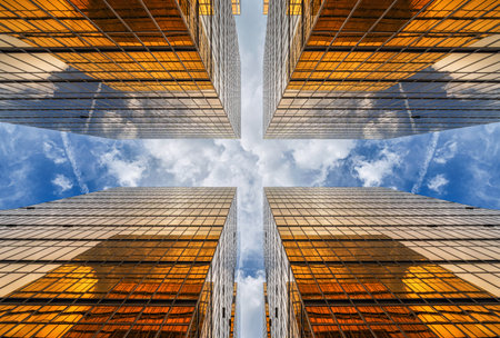 Uprisen angle of Hong Kong skyscraper with reflection of clouds among high building, Building...