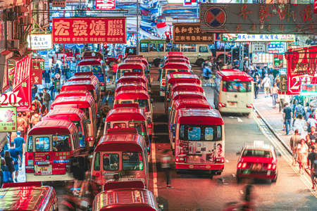 MONG KOK, HONG KONG - JULY, 2019 : Closeup Top view scene of Public mini bus stop staion on July 6, 2019 in Mong kok area, Hong Kongのeditorial素材