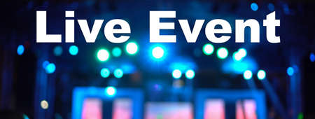 Live Event Text Over blurred photo of spotlight, Live concert online production broadcast, New Normal and Live show, Offline is over,covid outbreak, e-learning and online seminar, banner conceptの写真素材