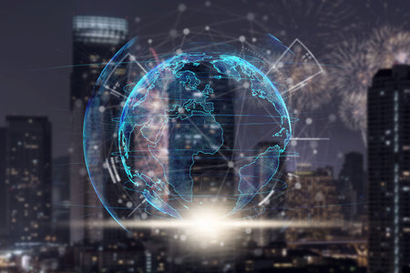 particle earth with technology network circle over the photo blurred of cityscape background, technology and innovation, futuristic and cloud computing, internet of thing and 3d rendering,conceptの写真素材