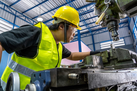 Asian machinist in safety suit operating the professional lathes in metalworking factory, lathe...