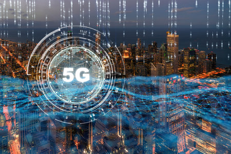 5G connection technology over the buildingsの写真素材