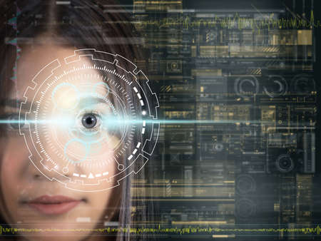 Asian women being futuristic vision, digital technology screen over the eye vision background, security and command in the accesses. surveillance and sefety conceptの写真素材