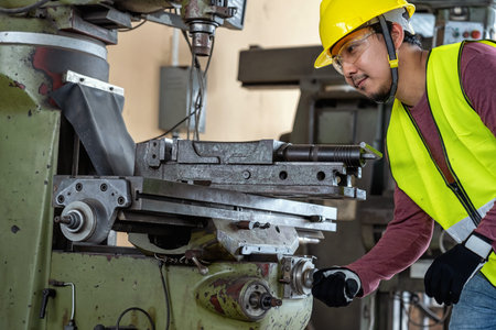 Asian machinist in safety suit operating the professional lathes in metalworking factory, lathe...