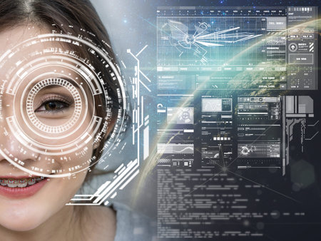 Asian women being futuristic vision over the Part of earth and Milky Way,digital technology screen...