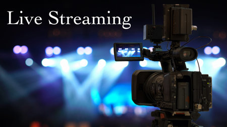 Live Streaming Text over Video Camera taking Concert crowd  and Abstract blurred photo of spotlight...