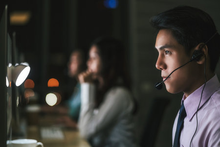 Closeup Asian Male customer care service over business woman working hard late in night shift at office,call center department,worker and overtime,team work with colleagues for success, 7 day 24 hourの写真素材