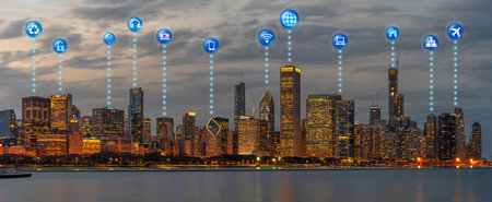Internet of thing or iot various icon over Top view of Chicago Cityscape, Technology smart city, Big data artificial intelligence, futuristic and infrastructure industry conceptの写真素材