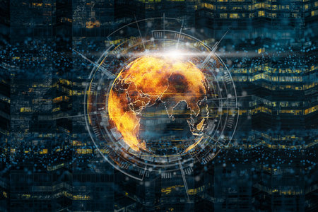 particle earth with technology network circle over cityscape background, technology and innovation...
