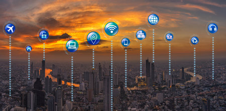 Internet of thing or iot variouse icon over the Fantastic Scene of Panorama of Bangkok cityscape...