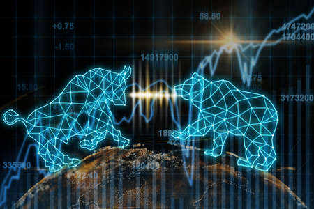 Bull and Bear polygonal shape writing by lines and dots over the Abstract planet earth particle over the Stock market chart, trading and finance investment conceptの写真素材