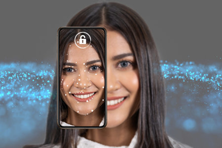 Asian Woman Face detection and recognition by smart mobile phone for unlock over the Technology...