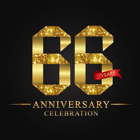 anniversary, 66 years anniversary celebration logotype. Logo,ribbon golden number on black background.Numbers ribbon gold foil.のイラスト素材