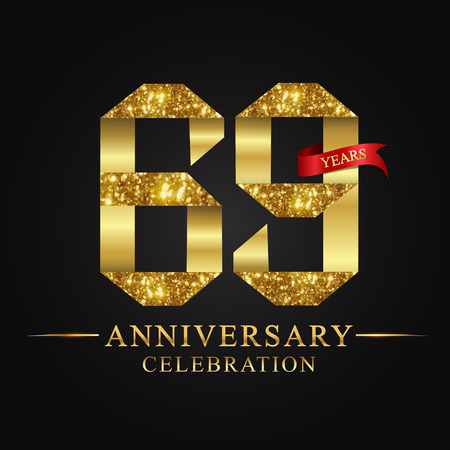 anniversary, 69 years anniversary celebration logotype. Logo,ribbon golden number on black background.Numbers ribbon gold foil.のイラスト素材